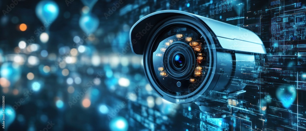 Poster high-tech security camera monitoring a digital environment with glowing data streams and futuristic 