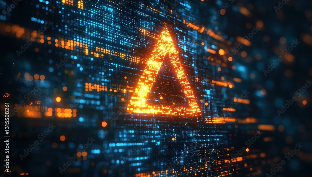 Fototapete abstract digital background with glowing blue and orange triangle on data stream, modern technology,