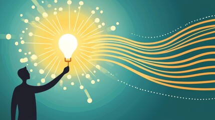Artistic Representation of a Figure Holding a Glowing Light Bulb on a Colorful Background