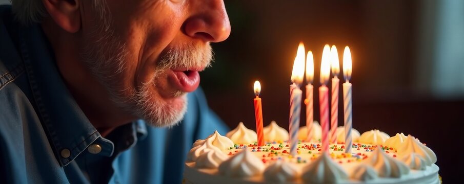 Close up of grandfather blowing out candles on a birthday cake with colorful sprinkles, dessert, aging, family