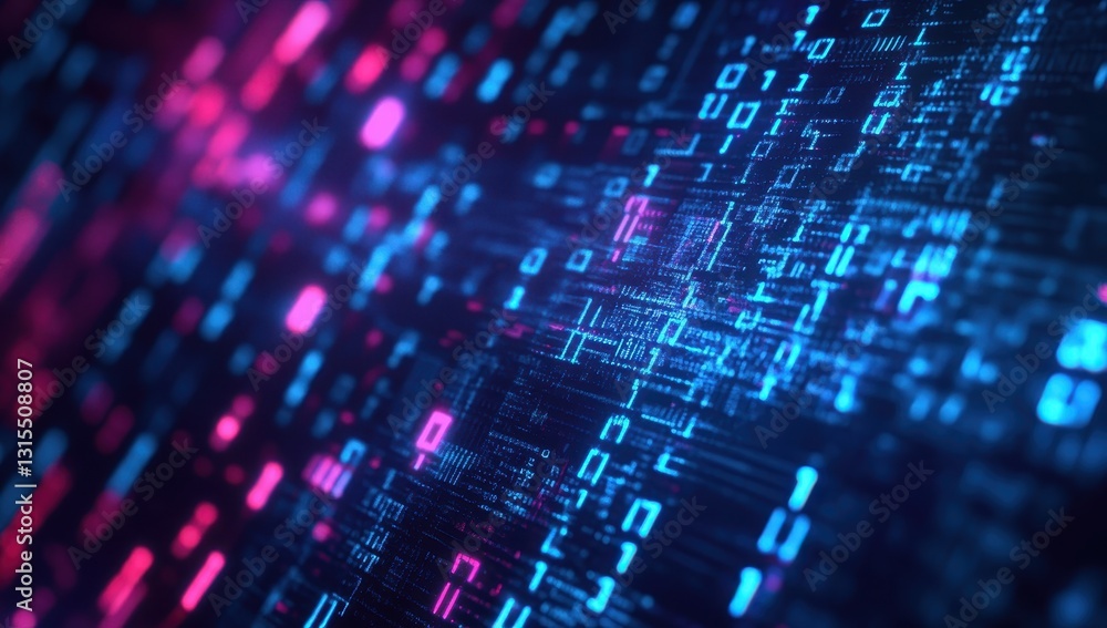 Poster Abstract Digital Background with Neon Colors and Binary Code, Concept of Technology and Data Visualization in Modern Computing Environments