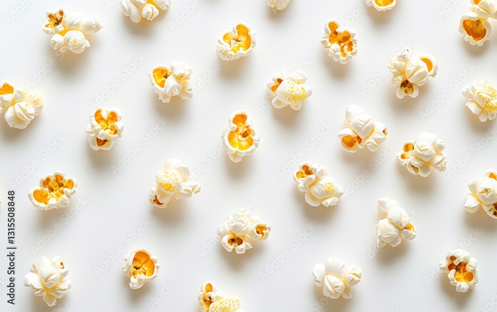 Poster scattered popcorn kernels on a white background, creating a simple, visually appealing pattern. the 