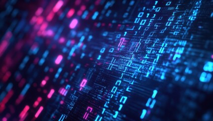 Obraz premium Abstract Digital Background with Neon Colors and Binary Code, Concept of Technology and Data Visualization in Modern Computing Environments