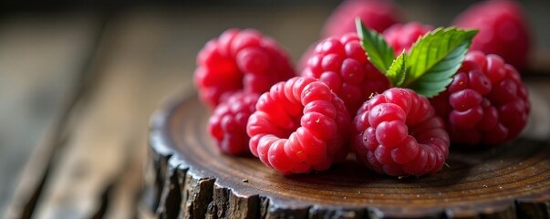 Close-up of ripe raspberry on rustic wooden board, Background, Fruit, Red