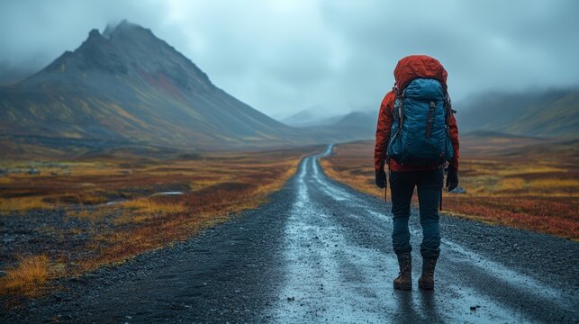 Solo Hiker on Misty Autumn Trail, Mountain Scenery