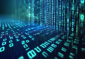 Fototapeta premium Abstract digital binary code background in blue with glowing numbers cascading down, representing technology, data, and computer programming concepts