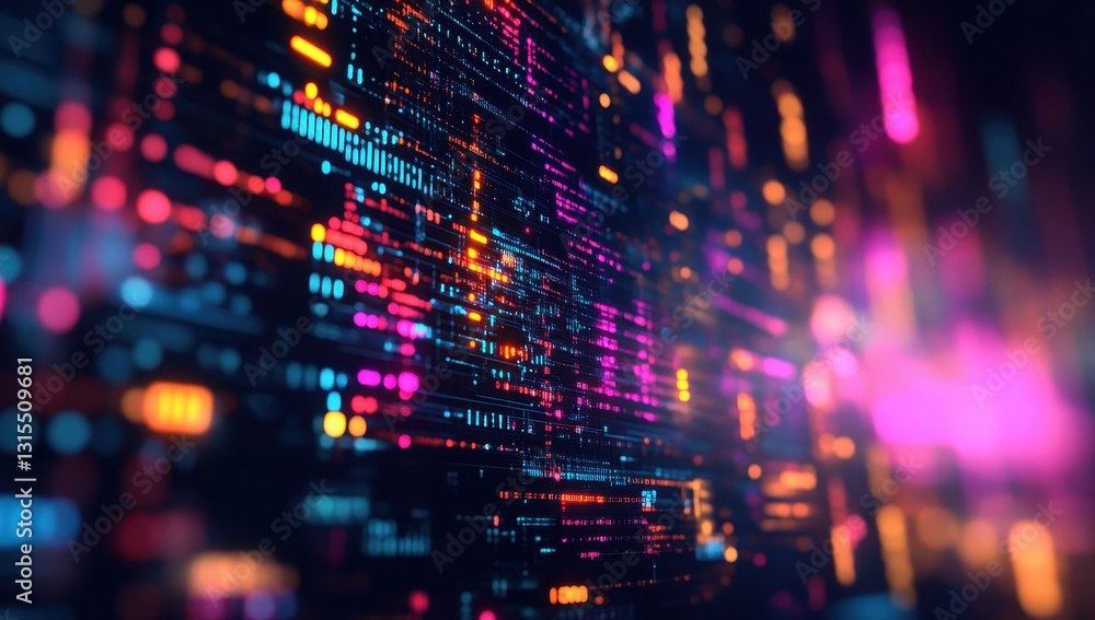 Poster abstract digital data visualization with vibrant colors and glowing lines creating a dynamic and fut