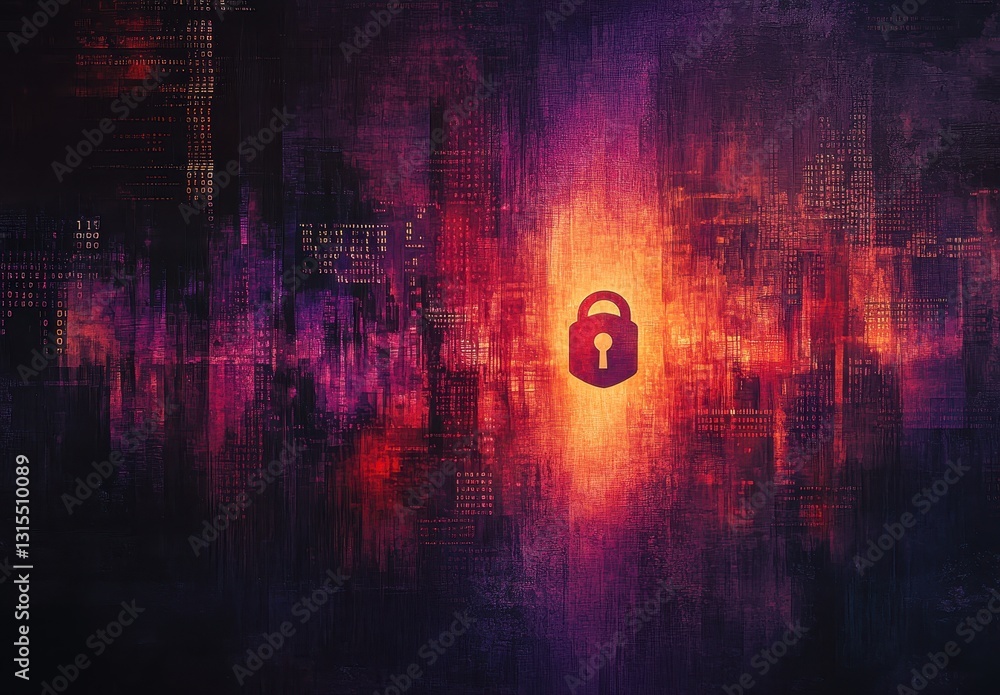 Poster abstract digital illustration depicting a glowing padlock symbol against a vibrant and dynamic backg
