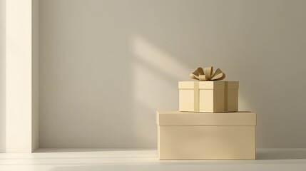 Two gifts sit on a floor near a window, sunlight streaming in