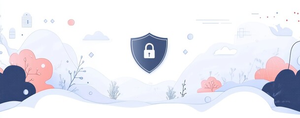 Abstract digital illustration featuring a shield symbolizing security and privacy in a serene landscape with soft colors and stylized nature elements.