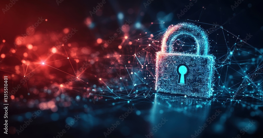 Poster abstract digital illustration of secure digital lock with glowing connections and network data, repr