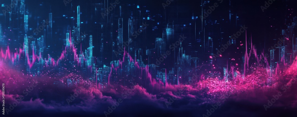 Poster abstract digital landscape with vibrant colors and dynamic shapes representing data flow, sound wave