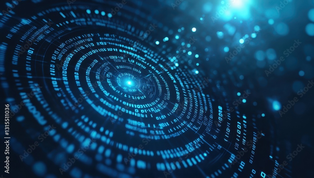 Poster abstract digital representation of binary code spiraling into a bright center, symbolizing data proc