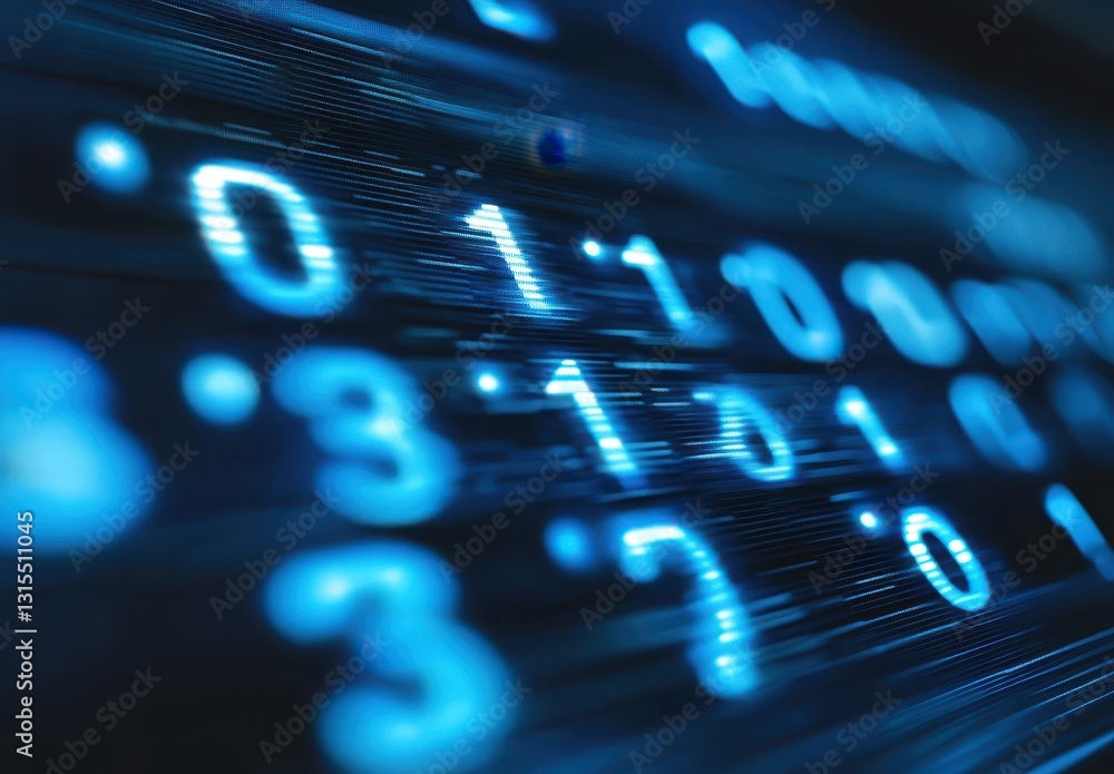 Poster Abstract digital representation of binary code with glowing blue numbers and faint streaks highlighting the concept of technology and data processing in modern communication
