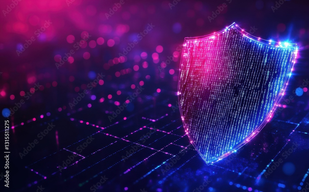 Poster Abstract Digital Shield with Glowing Binary Code and Vibrant Colors Representing Cybersecurity and Data Protection Concepts in Technology Environment