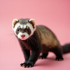 curious little ferret on a coral back drop