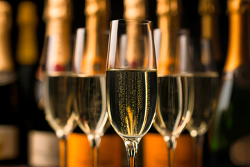 Several champagne flutes with bubbles in front of several bottles of champagne against black background