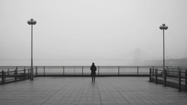 Solitary figure standing on foggy waterfront promenade. - Powered by Adobe