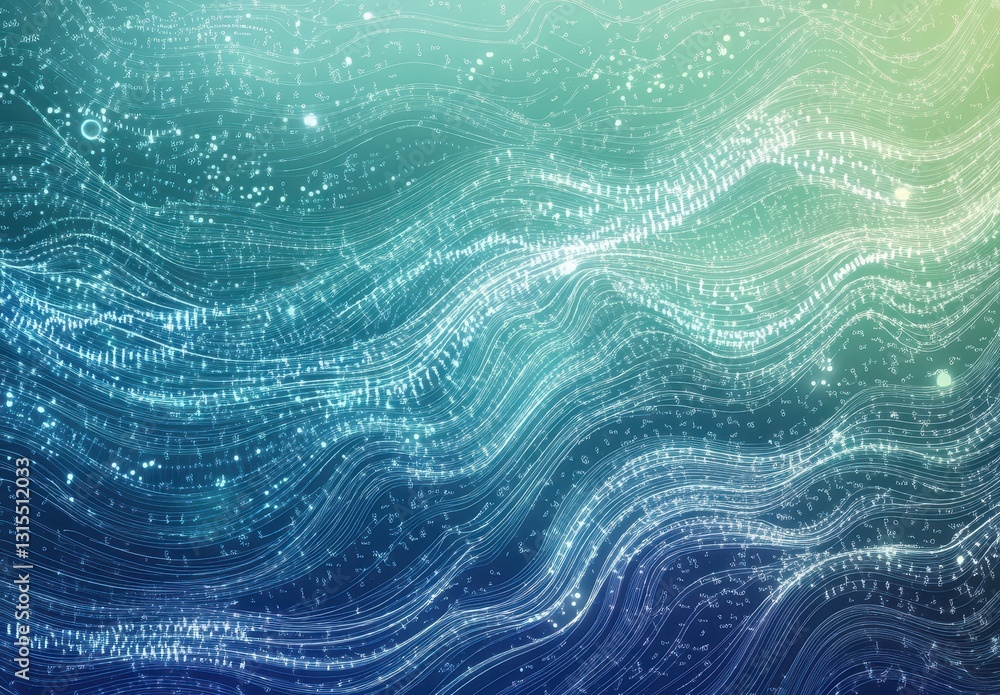 Poster abstract digital waves with glowing particles flowing in blue and green colors, creating a serene an