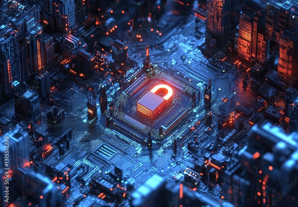 Aufkleber abstract futuristic circuit board with glowing processor in a high-tech cityscape, showcasing digita