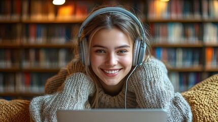 Cozy study vibes smiling in sweater with laptop and books