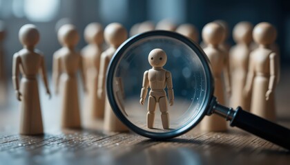 Fototapeta premium Magnifying Individuality: A Close-Up on a Wooden Figure Amidst a Crowd
