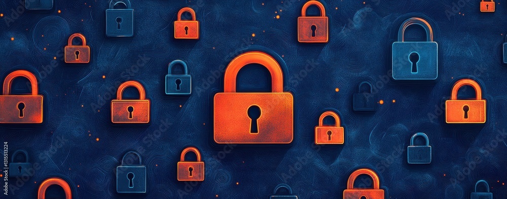 Poster abstract pattern of colorful padlocks on a dark background representing security, protection, and pr