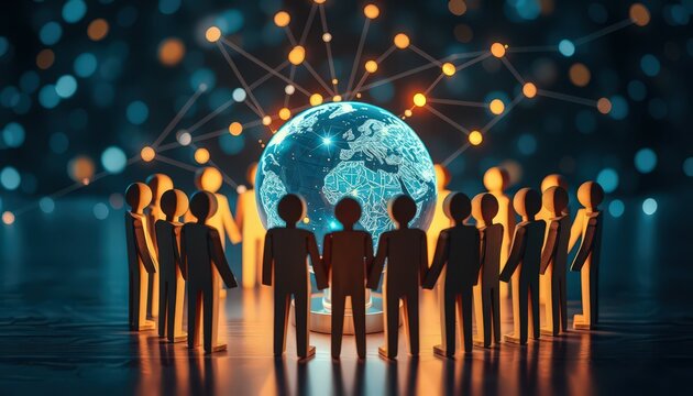 Global interconnectedness: Humanity united around a glowing digital Earth, symbolizing worldwide collaboration and communication through networks.