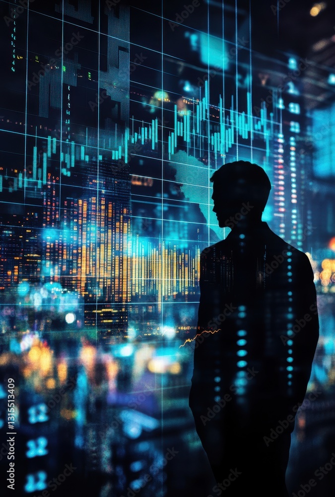 Poster abstract representation of a business professional observing market trends through graphical data an