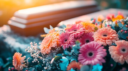 Sunset funeral flowers atop casket