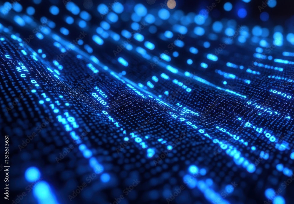 Poster abstract representation of data flow with glowing blue particles on digital surface illustrating inf