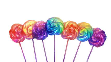 Rainbow lollipops forming a colorful arc on transparent background