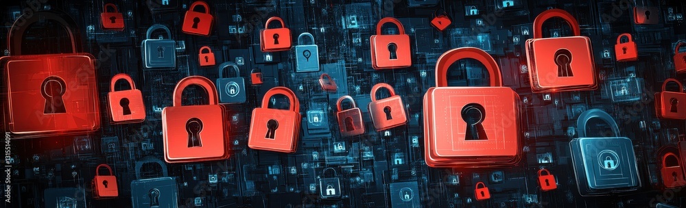 Poster abstract representation of digital security with red and blue padlocks on a dark background illustra