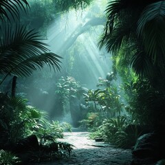 Light filters through dense foliage in a lush tropical jungle during the early morning hours