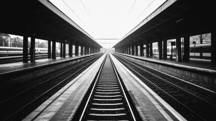 Black and white photo of train station platform with converging tracks.