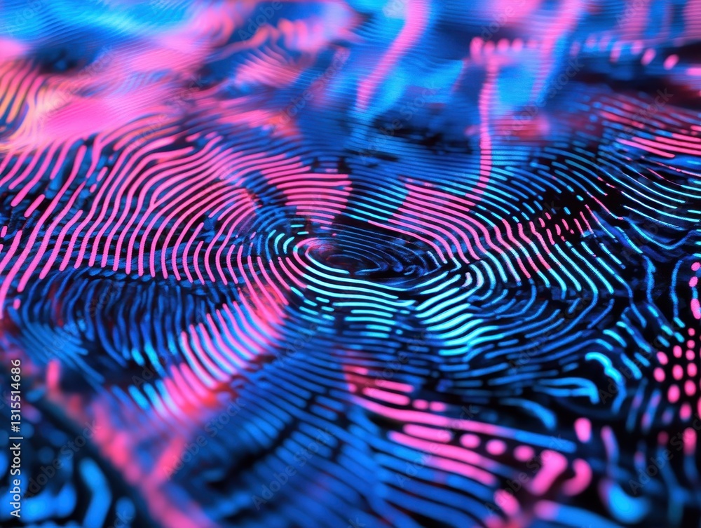 Poster abstract vibrant wave patterns in neon pink and blue with swirling lines and ripples, showcasing mod