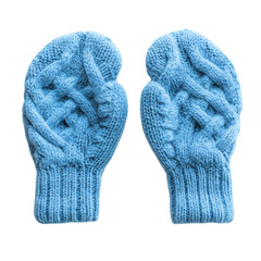 Two Light Blue Knit Mittens Isolated on Transparent Background