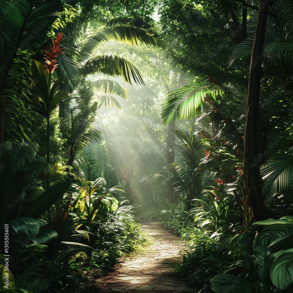 Poster exploring a lush tropical forest with sunlight filtering through vibrant foliage in a serene environ