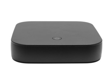 Black wireless Internet router isolated on white, side view, clipping