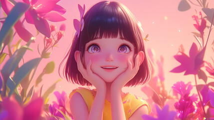 A joyful girl with a bright smile surrounded by vibrant flowers in a dreamy, colorful garden