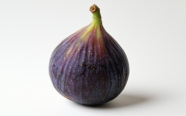 Fototapeta premium Single ripe purple fig with visible texture and tiny sparkles, set against a bright white background. The fig is positioned slightly off-center, with soft lighting illuminating its details