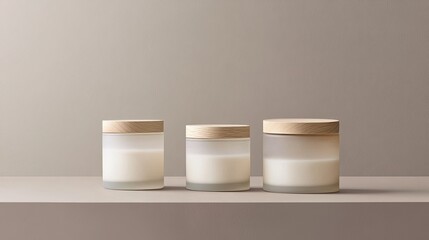 Three frosted glass jars with wooden lids on shelf