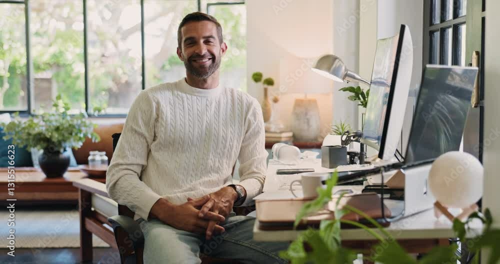 Poster Computer, face and smile with man in home office for remote work or startup business. Administration, relax and web design with happy freelance employee in apartment for networking or planning