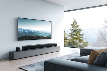 Stylish home entertainment system with TV and sound in living room  
