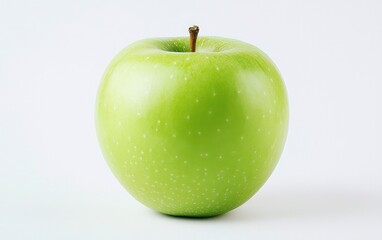 Close-up of a single, ripe green apple on a white background. The apple is smooth skinned with tiny dots and a small brown stem