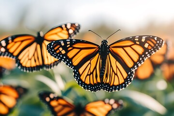 Fototapeta premium Monarch butterflies fluttering, meadow, sunrise