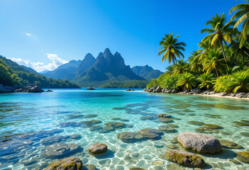 Serene Tropical Beach with Clear Turquoise Waters and Majestic Mountain Backdrop