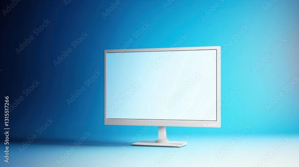 Poster white computer monitor with blank screen on blue background.