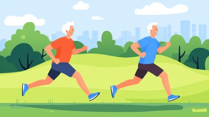 Joyful Senior Men Engaging in Healthy Outdoor Running Exercise