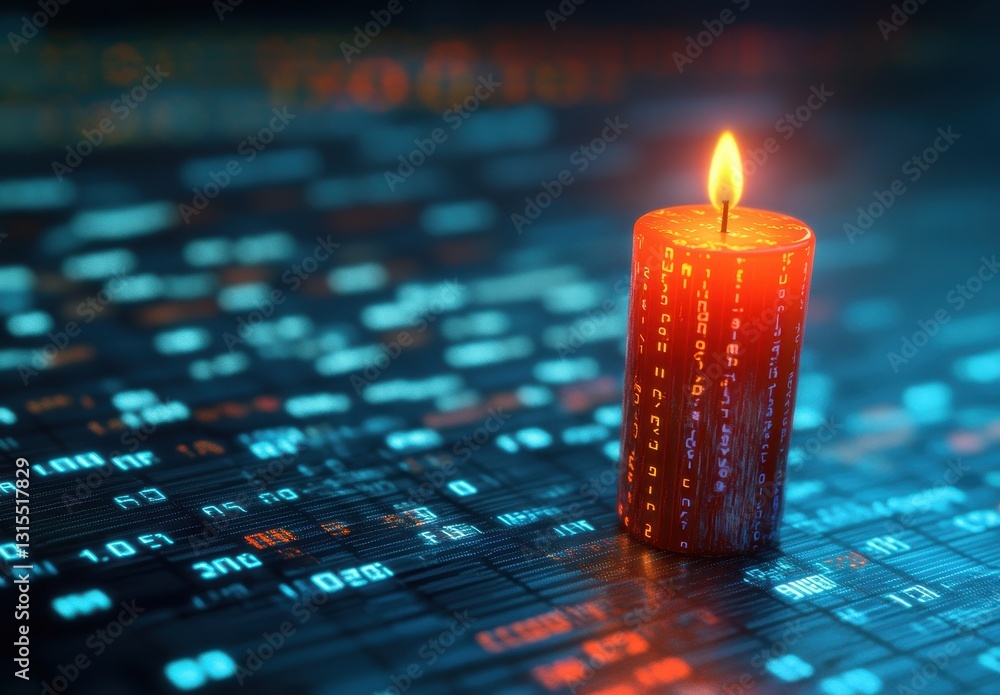 Poster candle illuminating data grid with binary code and glowing numbers in a dark digital environment
